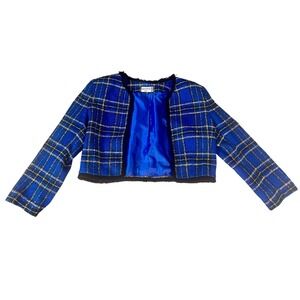 Vintage 90s Kasper A.S.L. Tweed Plaid Blazer Women Size 14 Blue Gold Fringe Trim